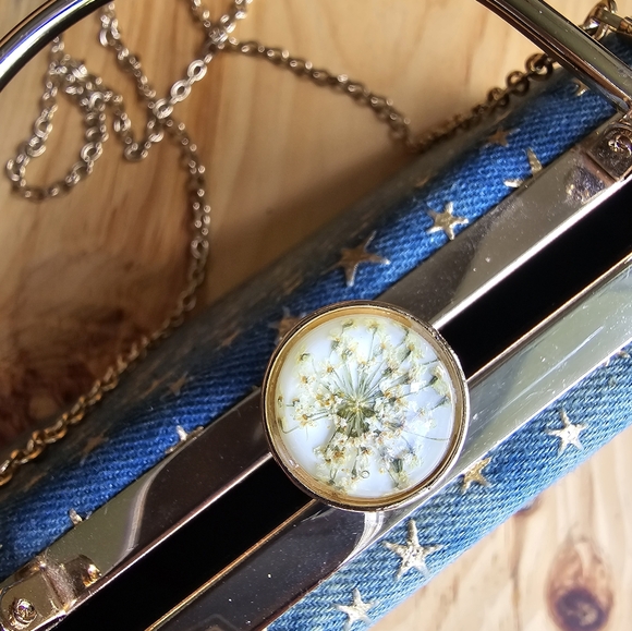 Gold Embossed Star Denim Crossbody Handbag - Picture 3 of 11